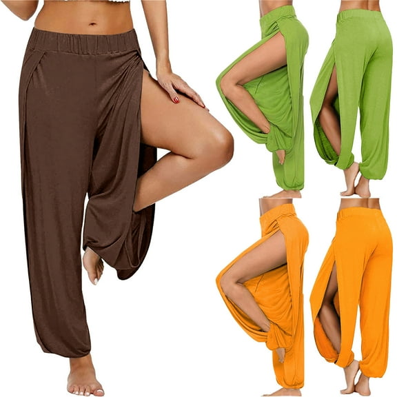 VEKDONE Harem Pants for Women Double High Slit Leg Flowy Yoga Pant Pilates Dance Hippie Wrap Beach Cover-Up Pants Solid Color Hollow Out Long Pants