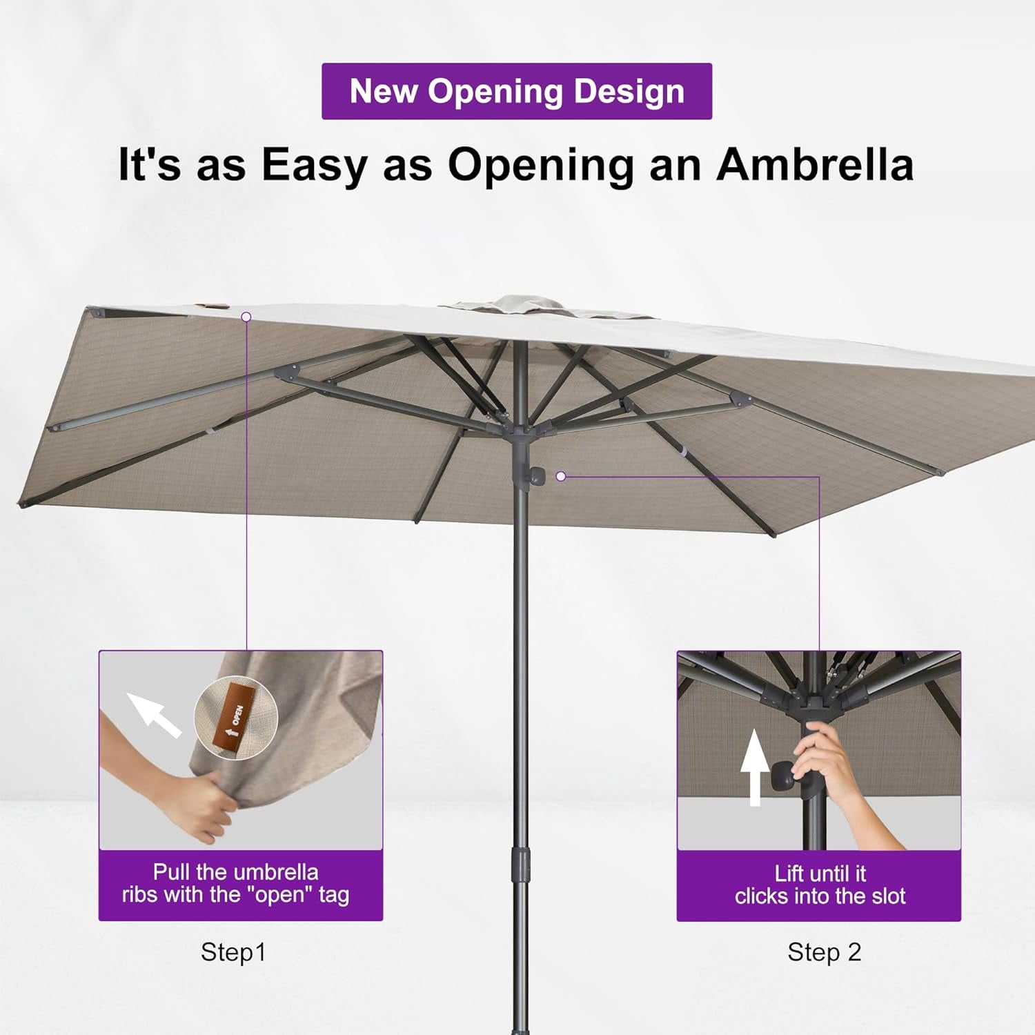PURPLE LEAF 6 X 10 FT Semi-Auto Outdoor Market Patio Umbrella Sun Umbrellas with 8 Aluminum Sturdy Ribs for Backyard Deck Garden Pool, Gray Pole Beige Canopy