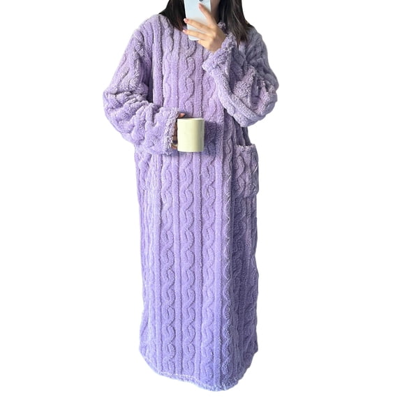 Joernso Women's Flannel Nightgown Fuzzy Fleece Sleepdress Loose Crew Neck Long Nightdress with Pockets Cozy Plush Warm Winter Pullover Loungewear