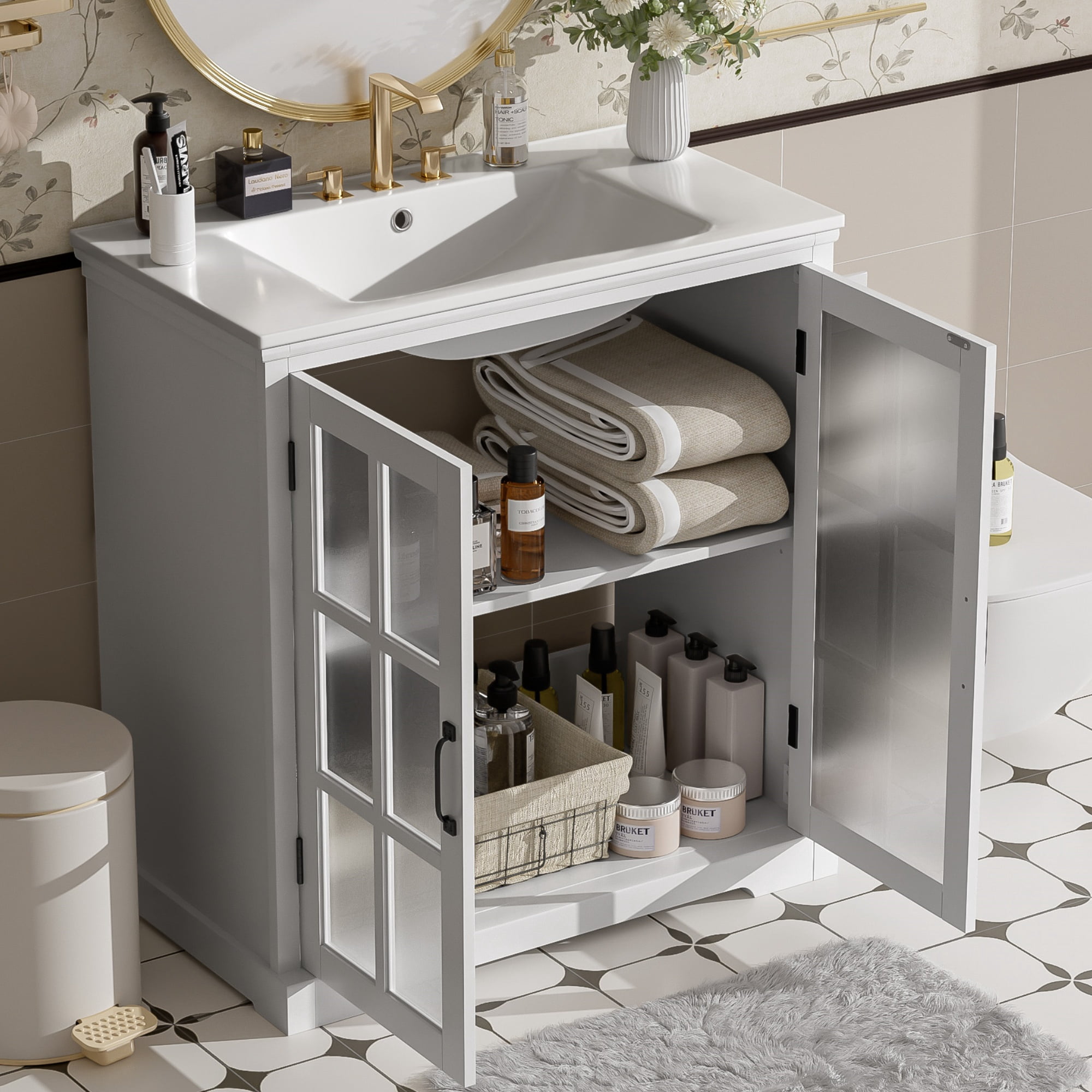 Euroco 30" Modern Bathroom Vanity with Ceramic Sink, Tempered Blurred Glass Doors, Adjustable Shelf & Matte Hardware – Rubber Wood Frame, Widespread Faucet Compatible