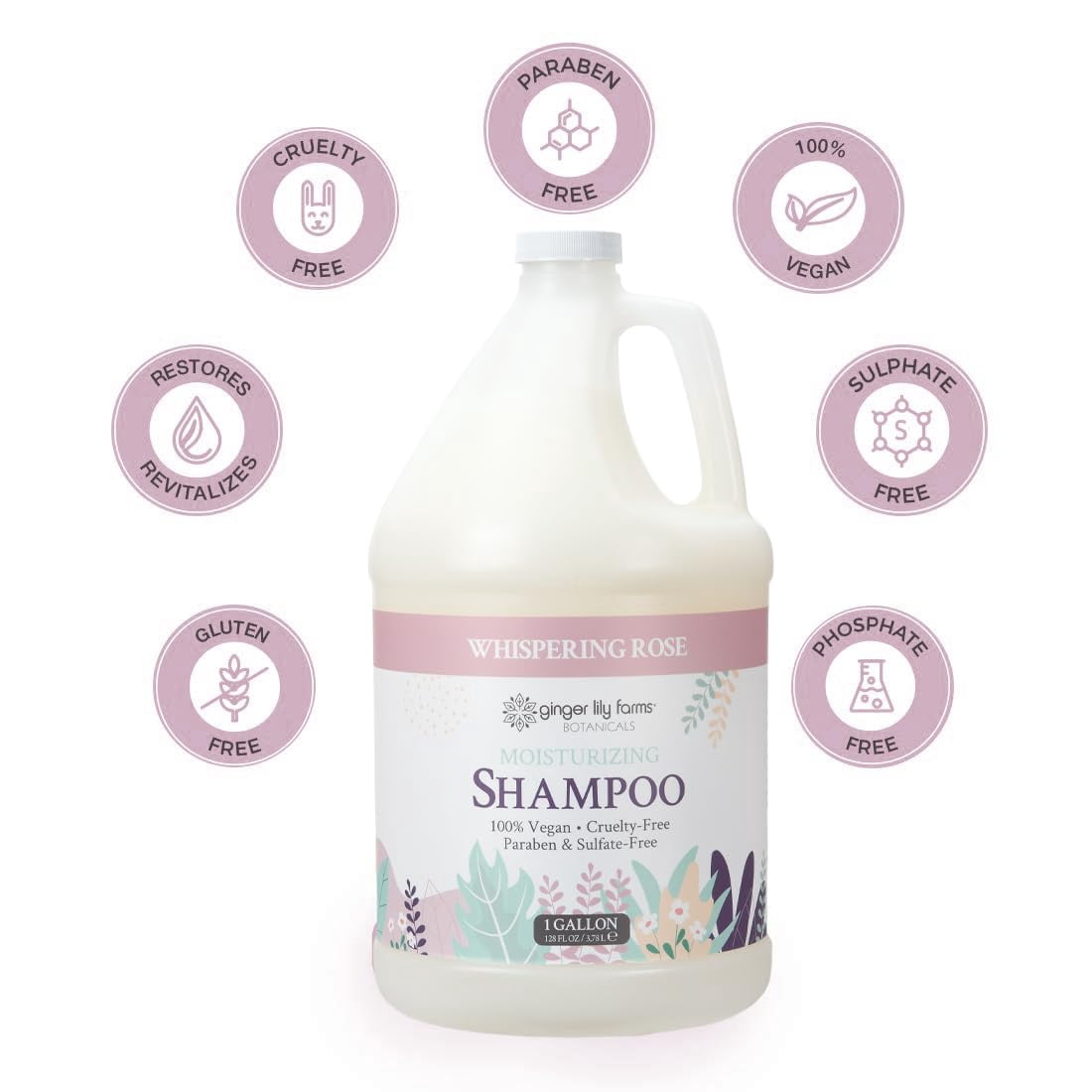 Ginger Lily Farms Botanicals Moisturizing Shampoo for All Hair Types, 100% Vegan & Cruelty-Free, Whispering Rose Scent, 1 Gallon (128 fl oz) Refill