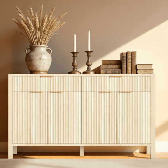 Fluted Buffet Sideboard Cabinet with Storages, 55" Large Modern Buffet Table Coffee Bar Wine Bar Storage Cabinet with 2 Drawers & 4 Doors for Dining Room, Living Room, Hallway(Oak)