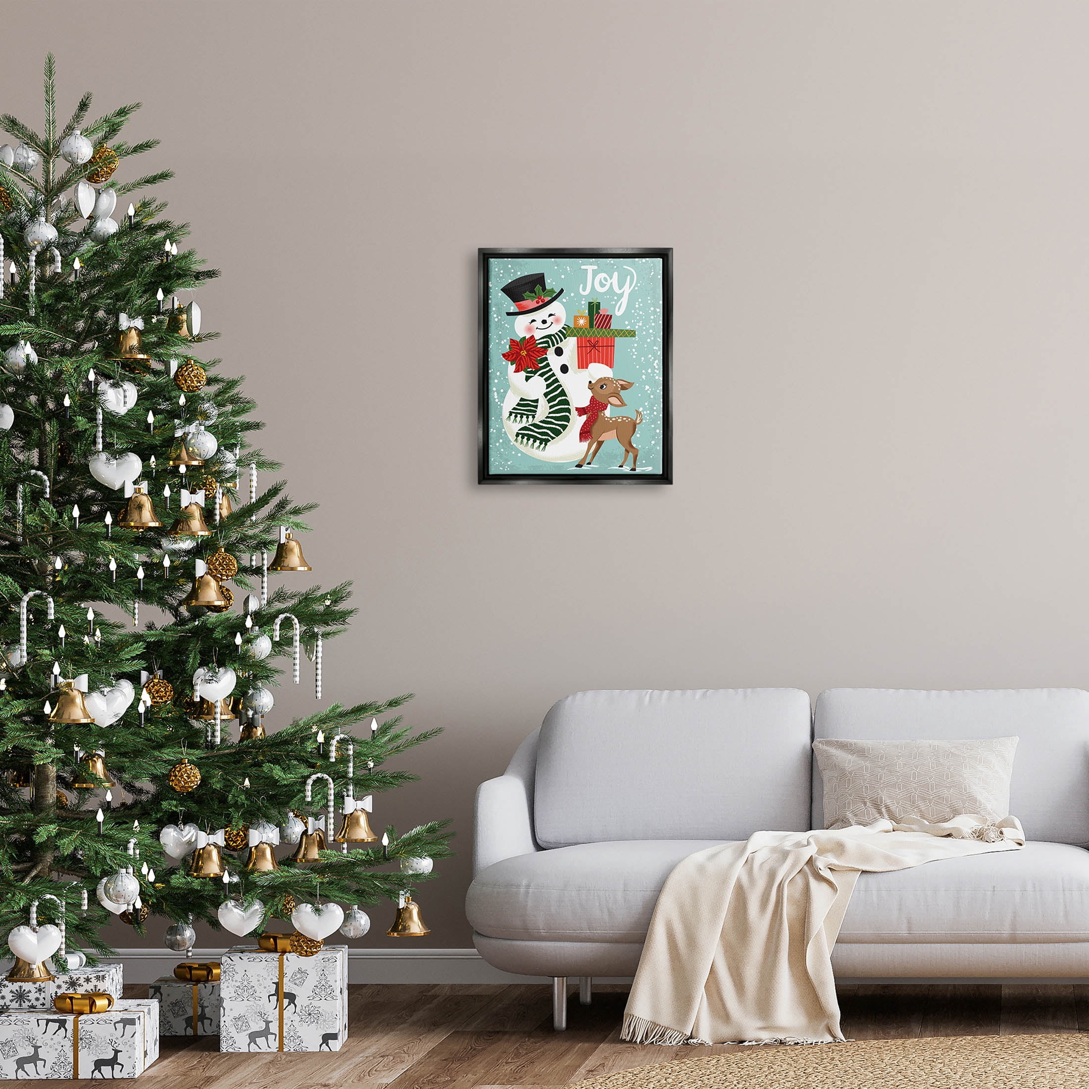 Joy Smiling Snowman Holiday Deer Holiday Graphic Art Jet Black Framed Art Print Wall Art