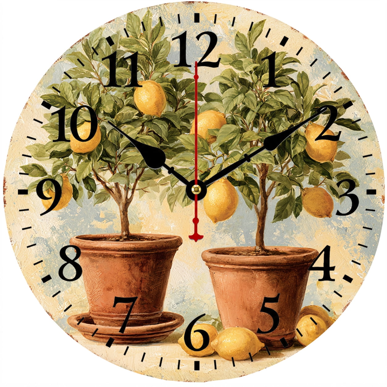 Lemon Tree Wall Clock, 9.84 Inch Battery Operated Analog Clock, Vintage Farmhouse Fruit Decor for Kitchen Dining Room Living Room Office