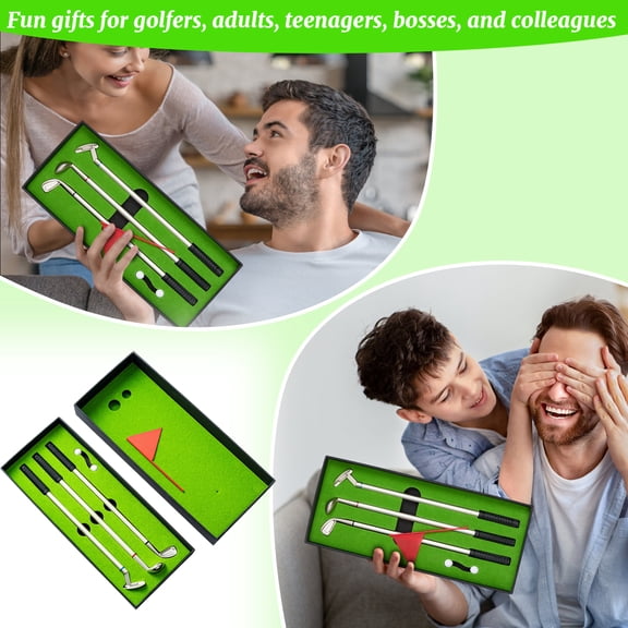 Golf Pen Set, Mini Desktop Golf Ball Pen, Top Golf Gift with Putting Green, 3 Golf Clubs Pens with Balls and Flag