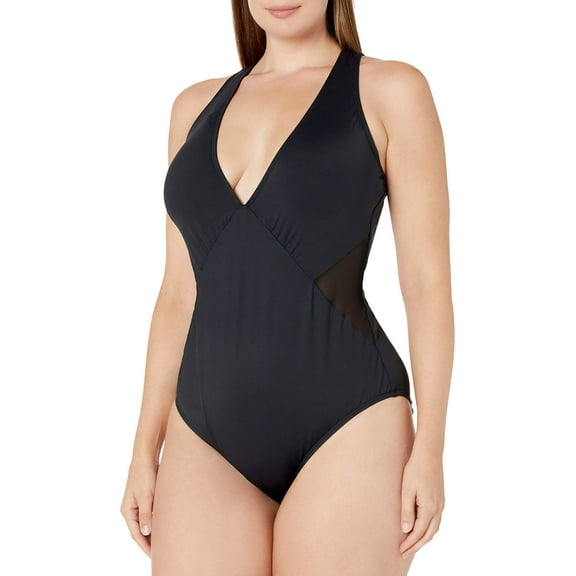 La Blanca Women's Standard Side Multi Strap Cross Back One Piece Swimsuit, Black//Mesh-Merizing, 2