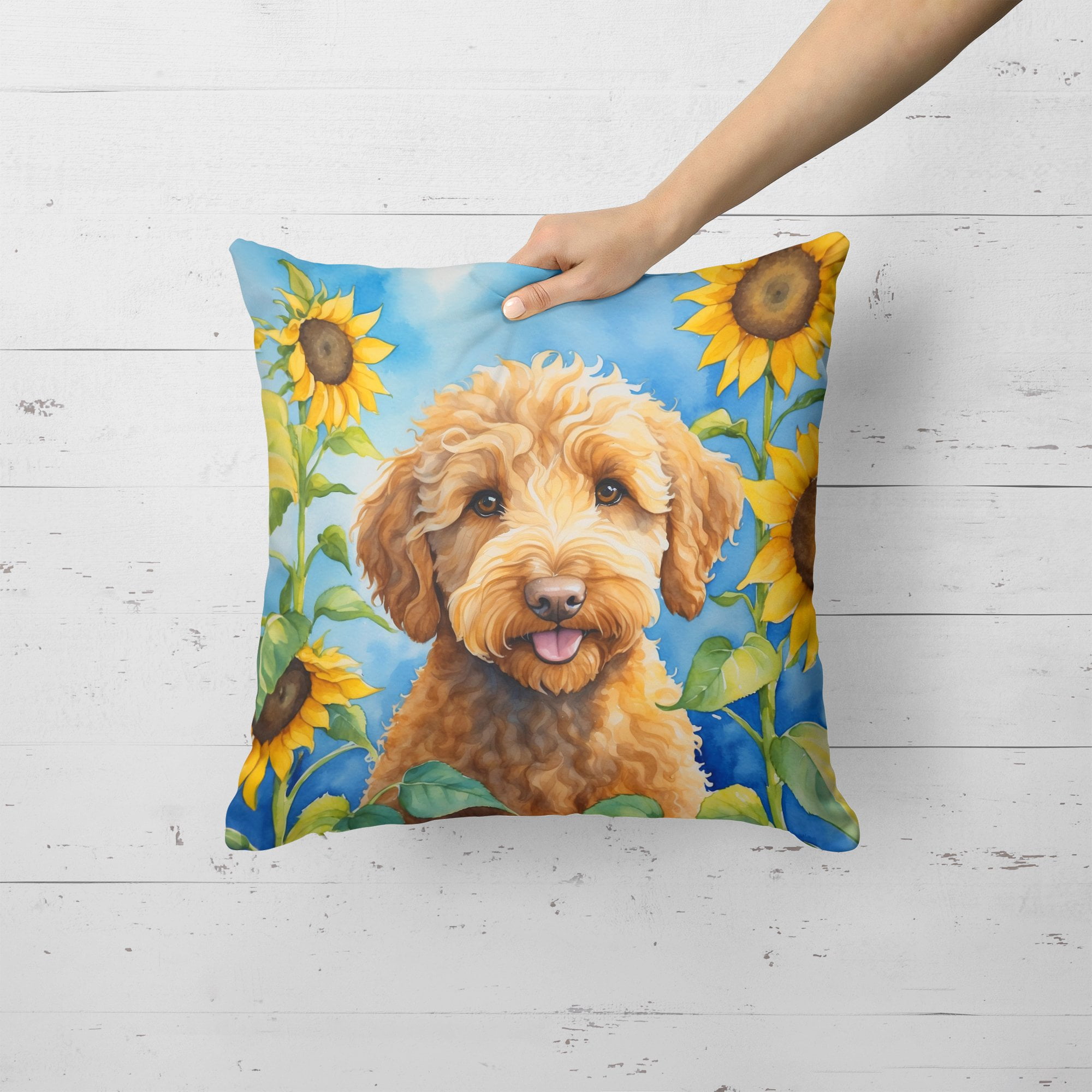 Labradoodle in Sunflowers Throw Pillow 18 in x 18 in