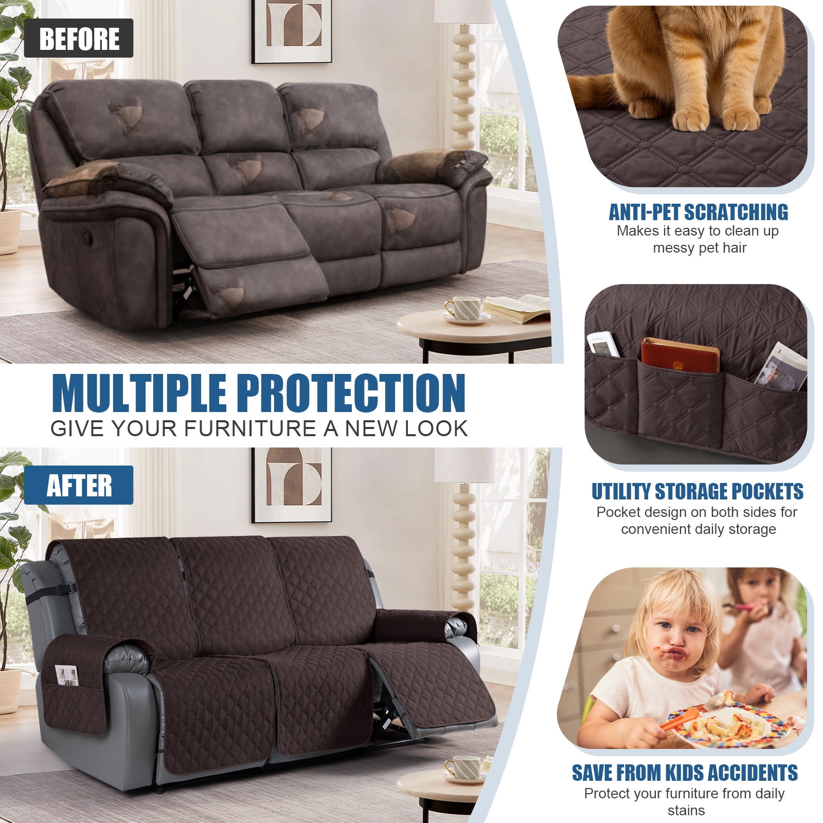Timeles Waterproof Recliner Sofa Covers, Recliner Couch Covers with Leg Straps, Reversible Recliner Covers for 3 Seat Reclining Chair, Washable Sofa Protector for Pets Kids (Chocolate)