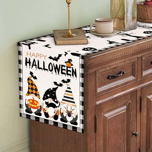 Mashaouyo Decorative Table Banner Charm: Linen Witch Bat & Cat Halloween Table Runner Dust & Elegant Décor