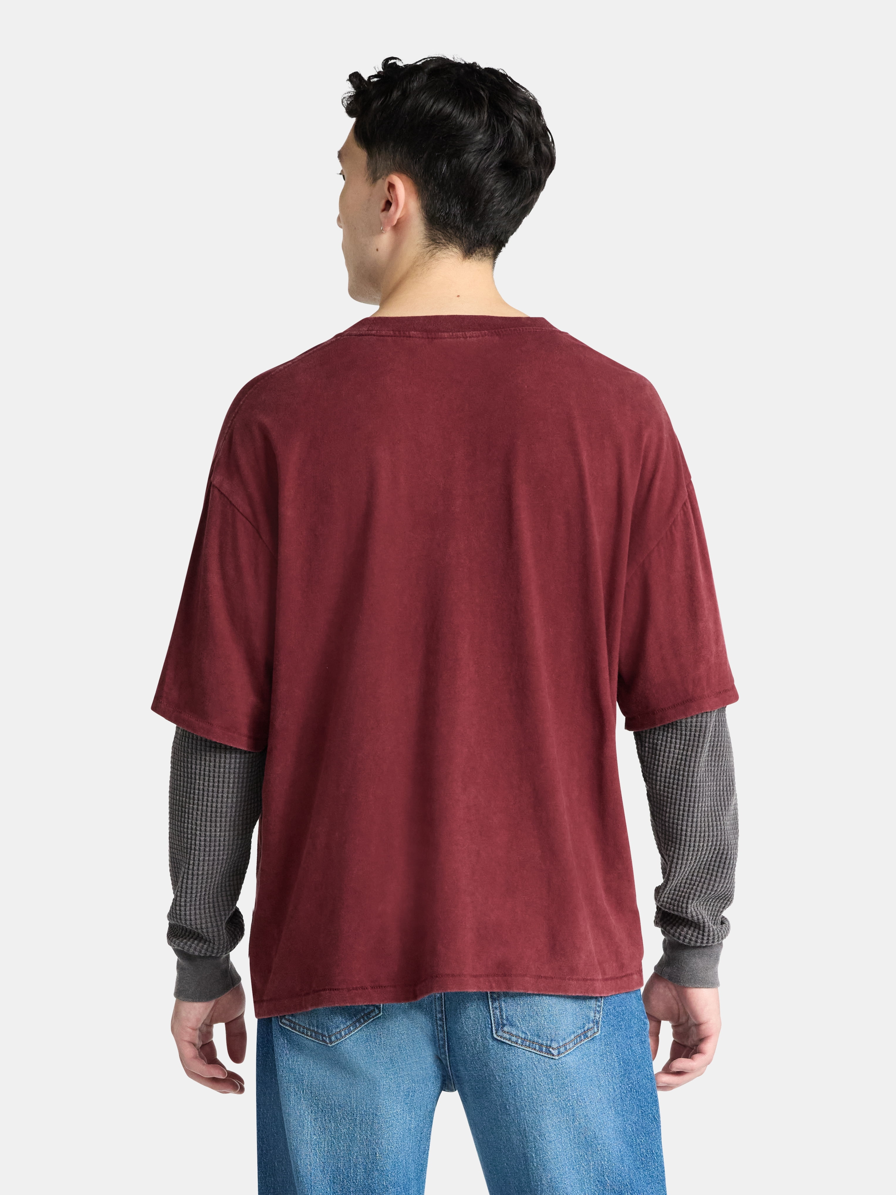 No Boundaries Cotton Washed Tee with Layered Long Sleeves, Men's & Big Men's