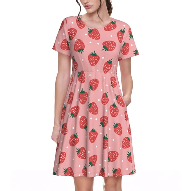 Disketp Strawberries para Vestido de Manga Corta para Mujeres, Vestidos de Verano para Mujeres, Casual y Holgado para la Playa