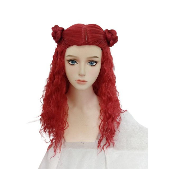 Peluca de cosplay roja con moño doble rizado de 65 cm de largo, resistente al calor