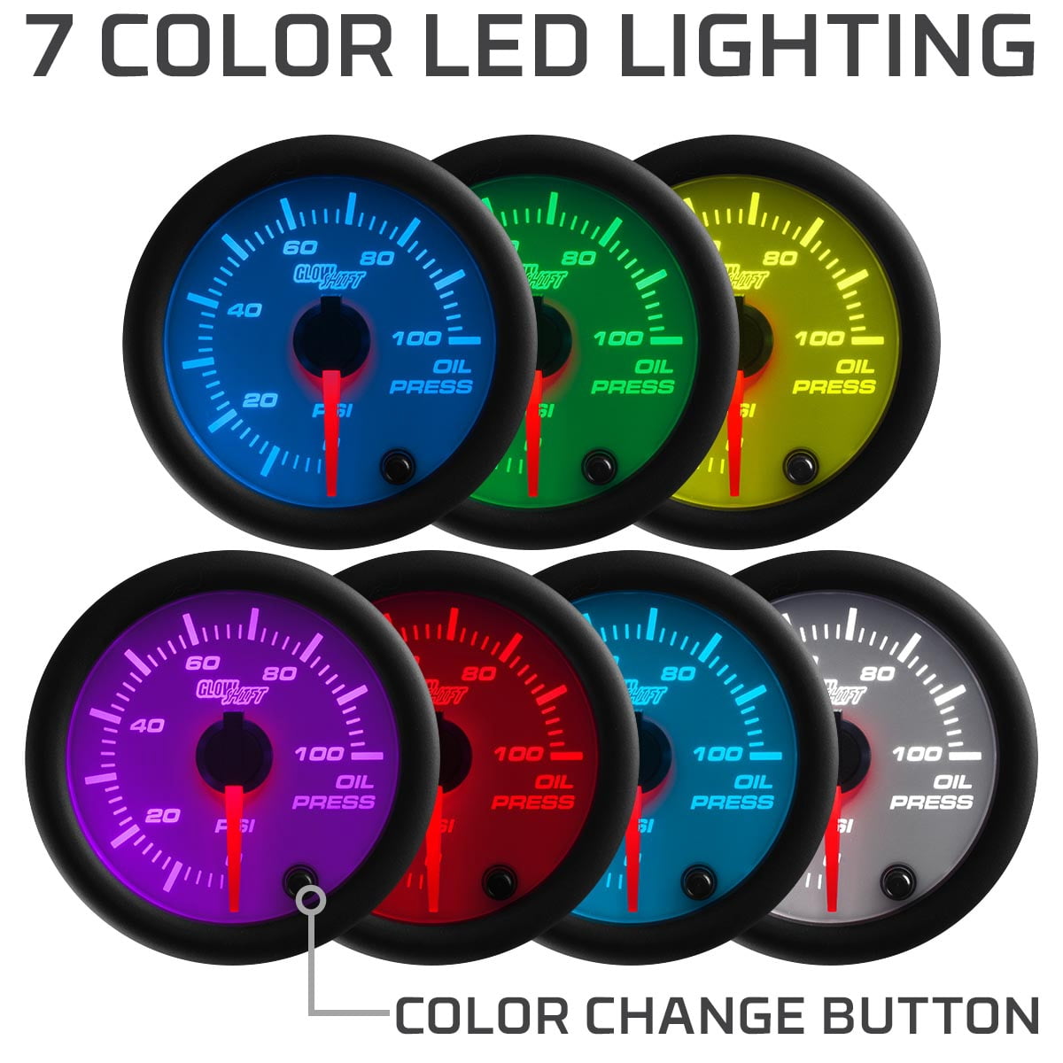 GlowShift | White 7 Color Series 100 PSI Oil Pressure Gauge for Cars and Trucks