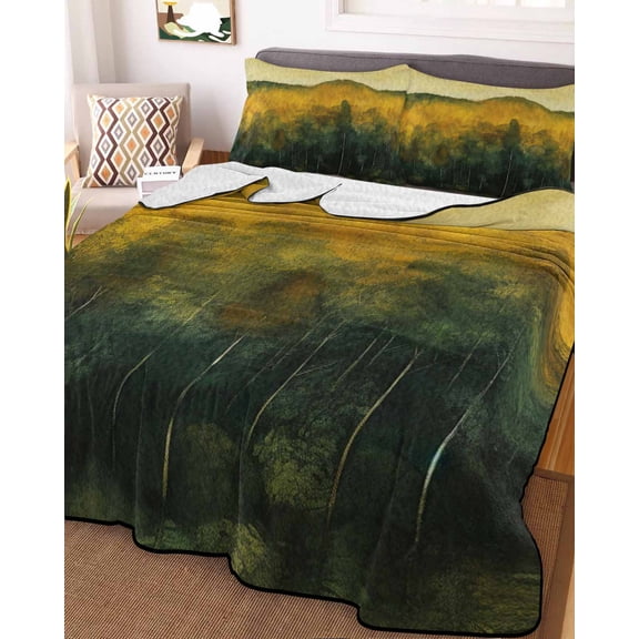 Green Yellow Forest Queen Size Down Alternative Comforter, Lightweight Comforter Quilt Bedding Set with Pillow Shams Oil Painting Landscape All Seasons Bed Comforter Duvet Insert 90"x96"