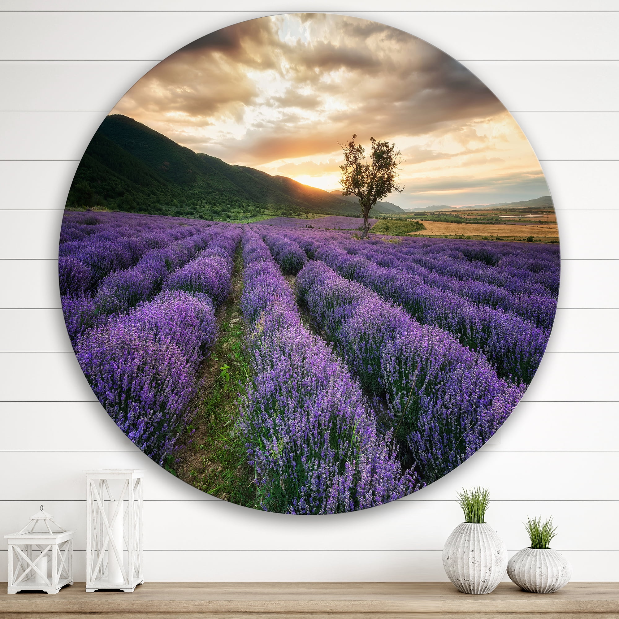 Designart 'Dramatic Clouds and Sunrise Over Lavender Field VII' Farmhouse Circle Metal Wall Art 29x29 - Disc of 29