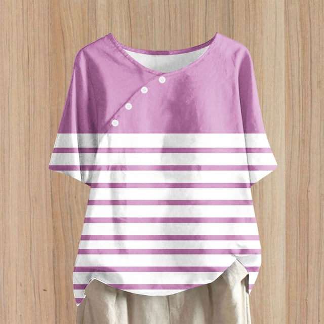 Fiudx Camisas de Mujer Top de Manga Corta con Cuello Redondo y Botones de Lino con Estampado Informal para Mujer