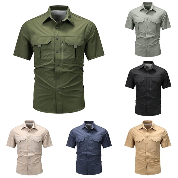 XIAOCHA Multi Pocket Cargo Shirt For Men Turn Down Collar Short Sleeve Button Work Top