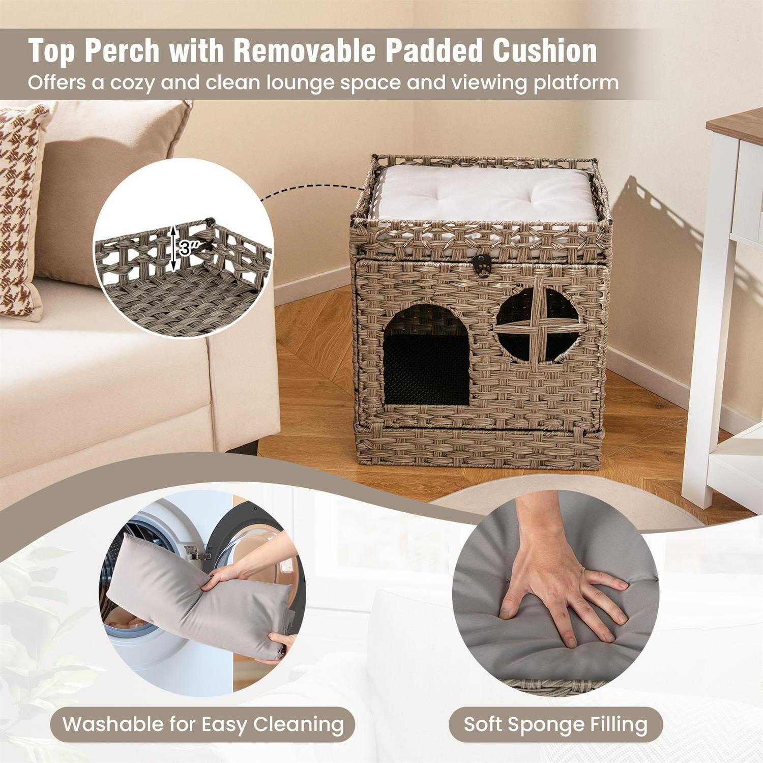 Pefilos Foldable 2-Tier Rattan Cat Litter Box Enclosure, Litter Mat & Top Perch, Tool-Free Assembly, Grey