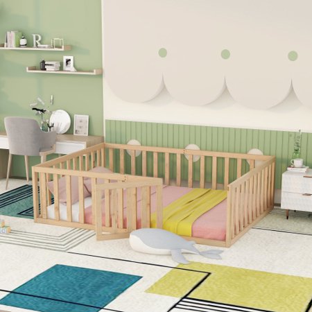 Full Size Floor Bed for Kids  Montessori Bed Frame with Fence-Shaped Guardrails and Door  Wooden Floor Bed for Kids  Toddler  Boys Girls Natural
