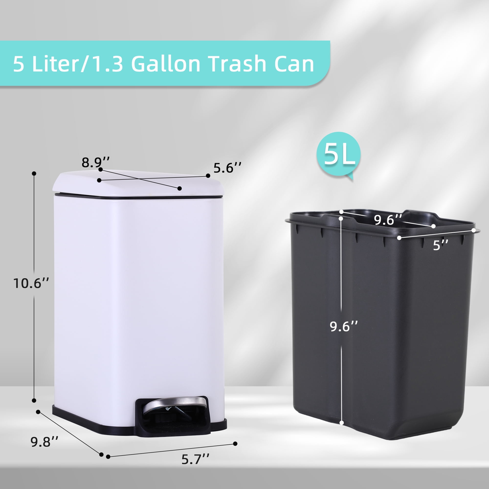 CL.HPAHKL Small Bathroom Trash Can with Soft Close Lid, 1.3 Gallon Stainless Steel Garbage Can with Removable Inner Bucket, Foot Pedal, Mini Trash Bin for Toilet, Home Office (White, 2 Pack)