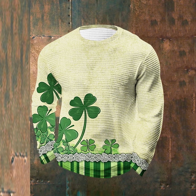 Ceisia Men's St. Patrick's Day Shamrock Lace Plaid Waffle Knit Top | Long Sleeve Crew Neck Casual Tee Gifts
