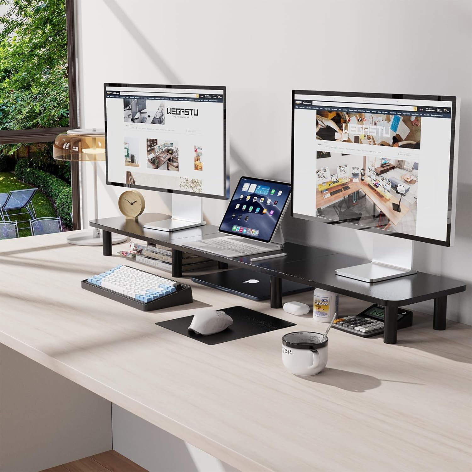Extra Long Dual Monitor Stand - 43.7 Inch Wide Wood and Steel Desktop Riser for Home Office Desk Organization