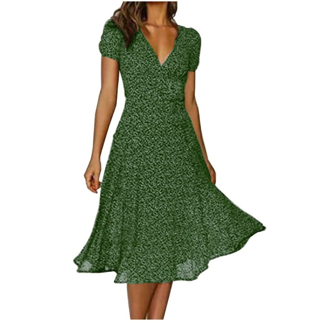 Pisexur Robe d'Été pour Femme, Manches Courtes, Imprimé Floral à Volants, Décolleté Plongeant Aguichant en V, Taille Haute, Robe Longue Fluide et Courte, Robe de Vacances Décontractée