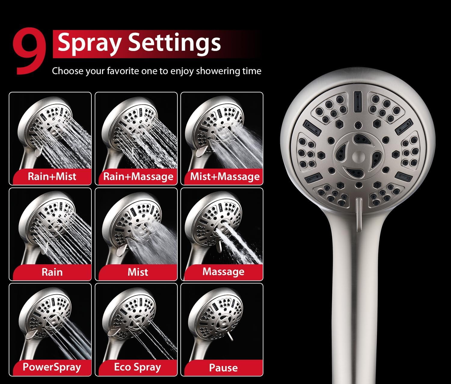 KESTE Shower Head with Handheld Combo: High Pressure 2 in 1 Waterfall Shower Heads with Detachable Handheld Shower Head, 9 Mode Adjustable, Dual Showerhead with Anti-Clog Nozzles and Hose, Nickel