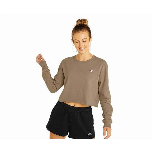 Champion LS Crop Womens Active Shirts & Tees Size XL, Color: Beige/Dark Khaki