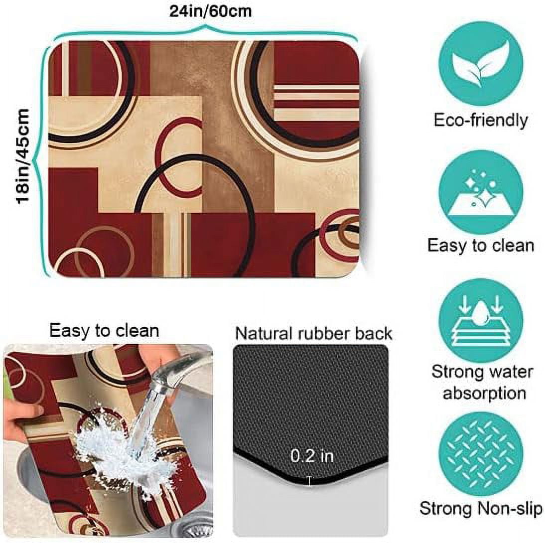 Washable Rubber Abstract Arcs and Shapes Red Dish Drying Mats for Kitchen Counter Home Large Coffee Bar Pad Accessories and Decor for Utensils Stemware 18''''x24''''