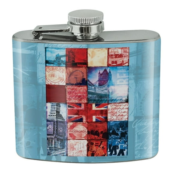 London England Britain Bridge Tile Collage Stainless Steel 5oz Hip Drink Kidney Flask