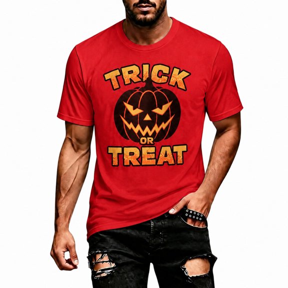 Men Halloween Jack O Lantern Pumpkin Face Graphic T-Shirt, Crew Neck Short Sleeve Slim Fit Novelty Print Casual Tee for Trick Or Treat Daily Shopping Party Outfit(Red1,XXXXXL)
