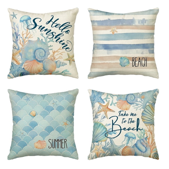 Sm:)e Marine Animals Hello Sunshine Summer Pillow Cover Set of 4 - 18x18 Inch Polyester Decorative Cushions