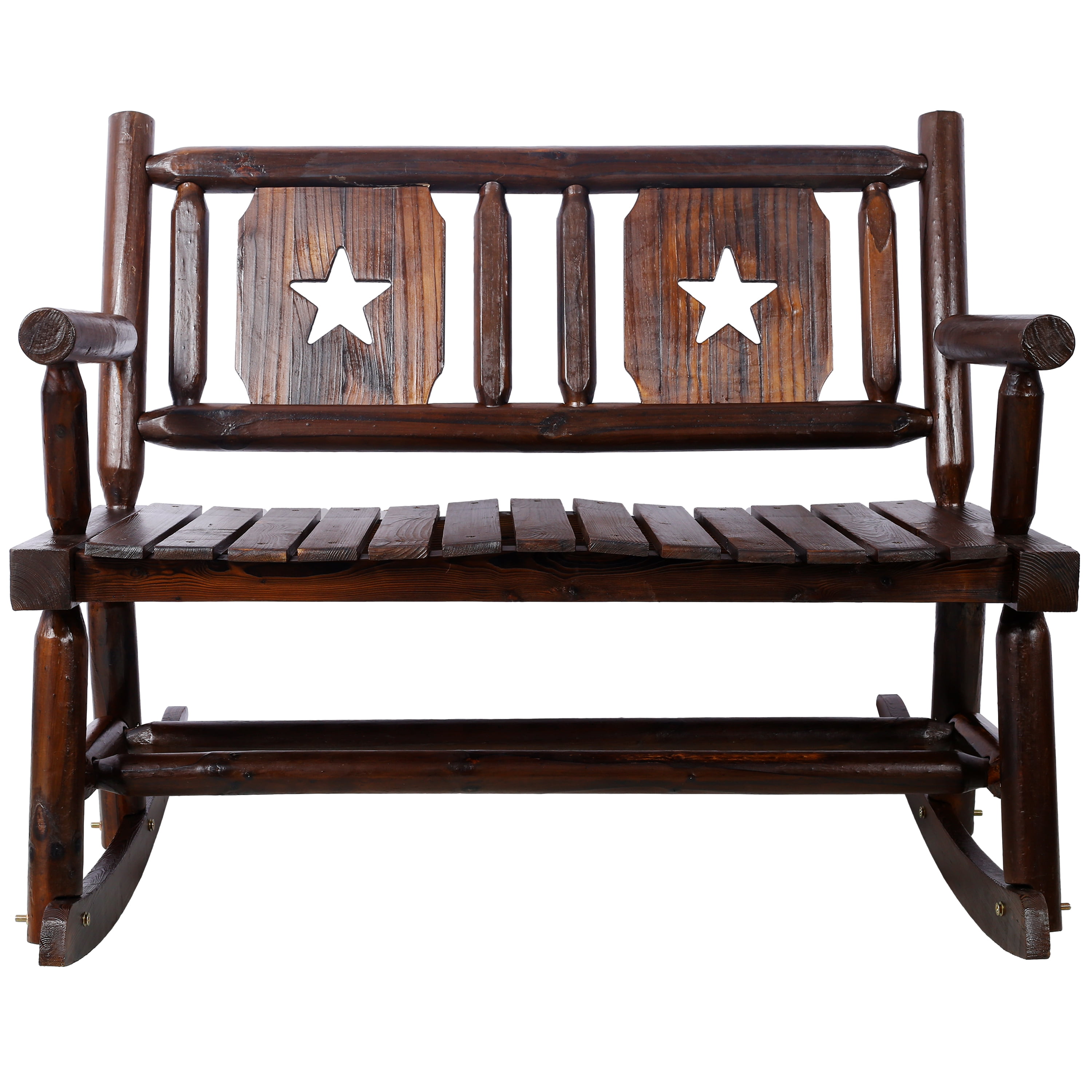 Outdoor Wood Rocking Bench Carbonized Double Rocking Chair for 2 Persons with Wide Curved Seat, Porch Rocker for Porch, Garden, Backyard, Rustic Brown
