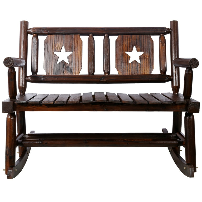 EXRACING Rustic Brown Outdoor Wood Rocking Bench Double Rocking