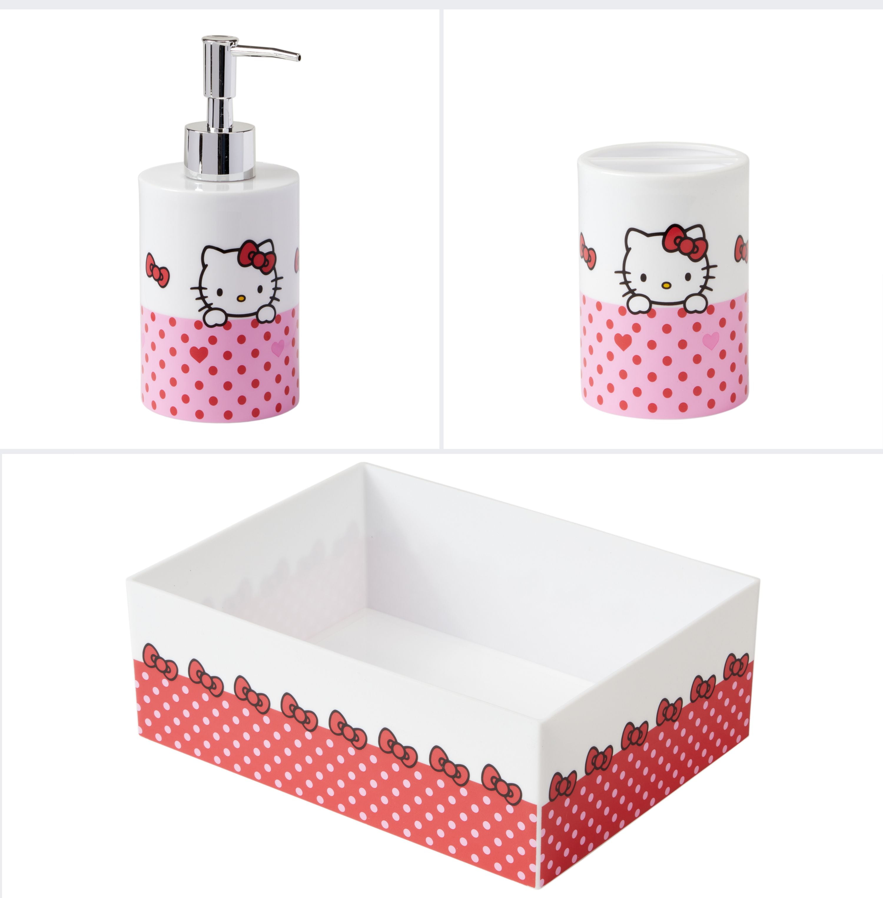 Hello Kitty 3-Piece Bathroom Accessory Set, Toothbrush Holder, Soap Pump, Storage Bin