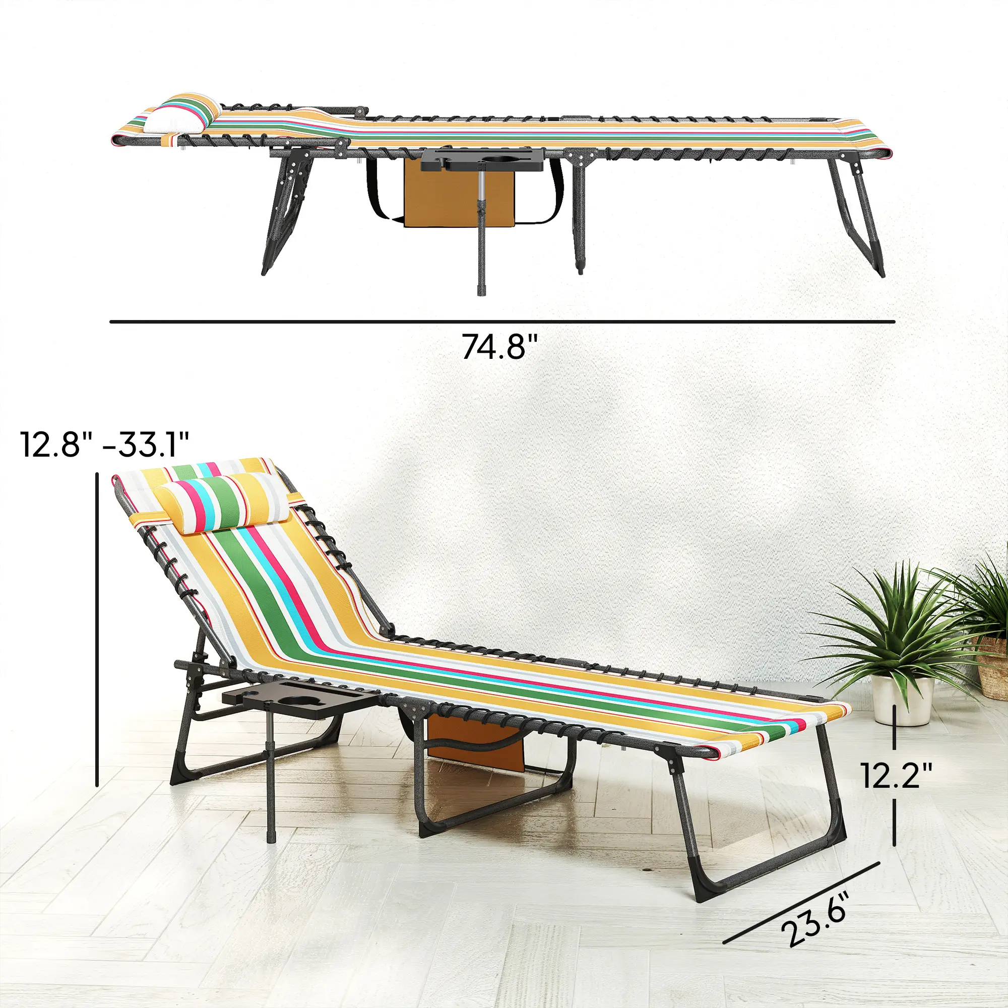 Outdoor Folding Sun Lounger 5-Position Adjustable Recliner with Padded Head Pillow Side Pocket & Tray Table 600D Oxford Fabric Heavy-Duty Pool Beach Chair