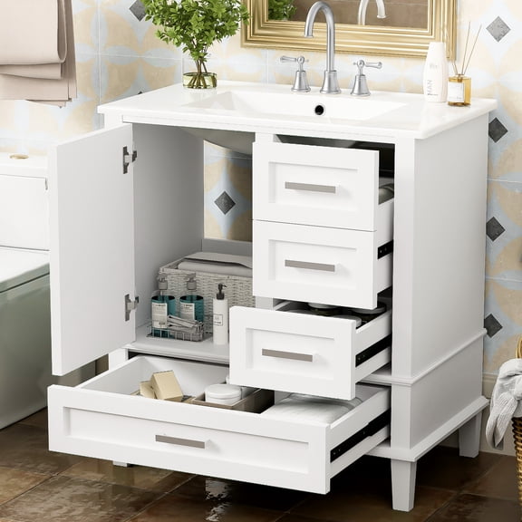Bathroom Vanity 30" - Modern White Cabinet With Solid Wood. Includes Sink, 3 Drawers & Door For Functional Sink Wood Frame Cabinet. Organized