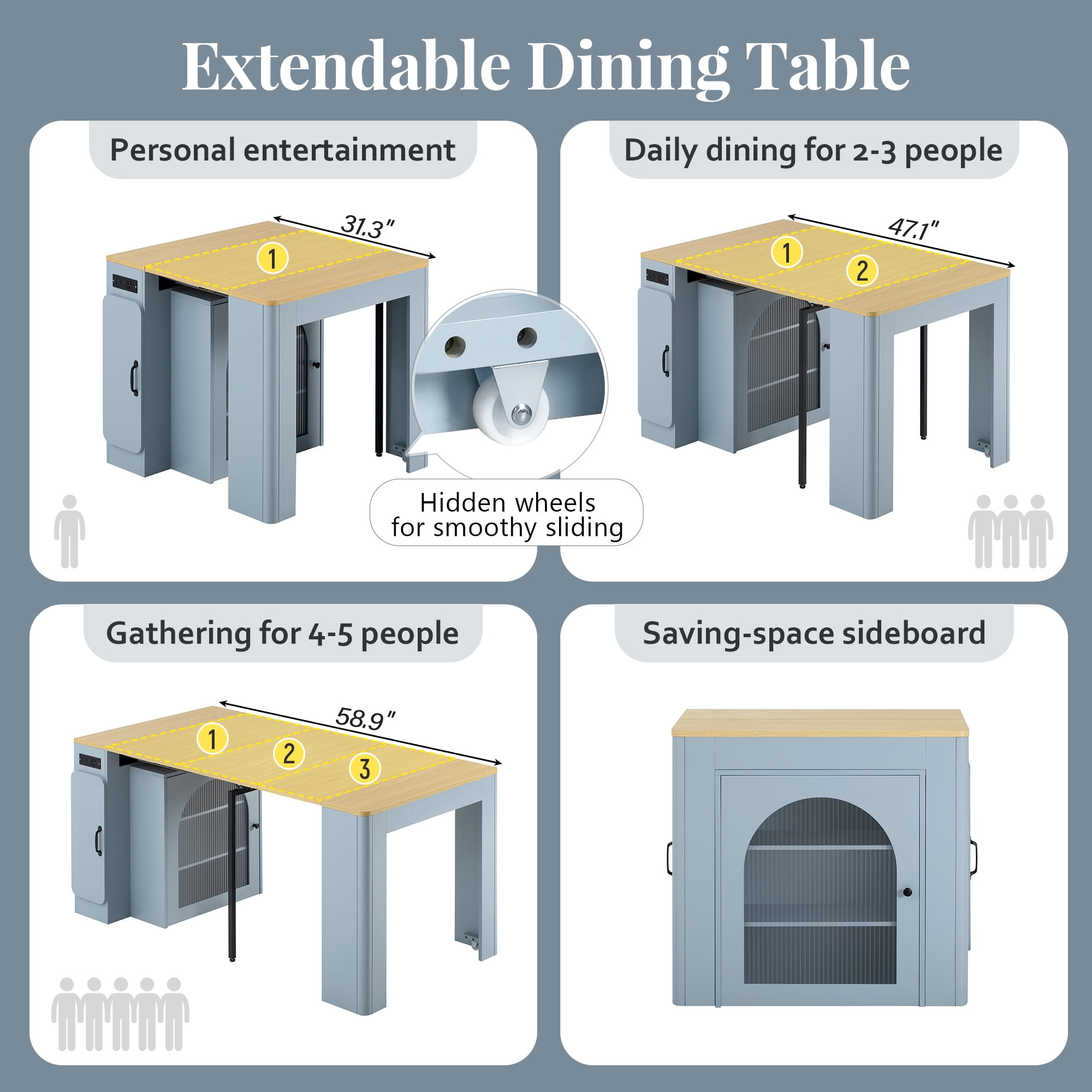 Euroco 59" Extendable Dining Table with 3 Removable Leaves for 4,Mobile Rolling Island Table with Power Outlet and Saving-Space Cabinet for Kitchen Living Room,Grey-Blue