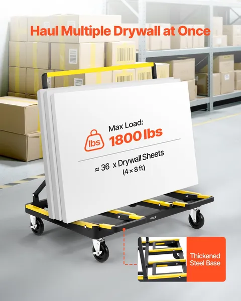 Drywall Cart Dolly 1800 lbs Capacity Steel Panel Dolly with 4 Swivel Casters Expandable Deck Foldable Truck Cart Tie Down Strap for Plywood Plasterboard Glass