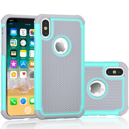 iPhone X Case, iPhone X Cute Case, Tekcoo [Tmajor] Shock Absorbing [Turquoise/Grey] Rubber Silicone & Plastic Scratch Resistant Bumper Grip Rugged Hard Cases Cover For Apple iPhone X (5.8