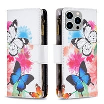 Dteck for Apple iPhone 15 Pro Max Handbag Pocket Case, Magnetic Patterned Leather Zipper Card Holder Wallet Flip Phone Case Kickstand Shockproof with Hand Strap Cover, Butterfly
