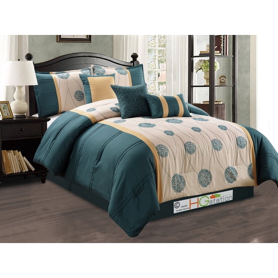 7-Pc Circle Orb Sphere Floral Embroidery Comforter Set Spruce Blue Beige Gold Queen