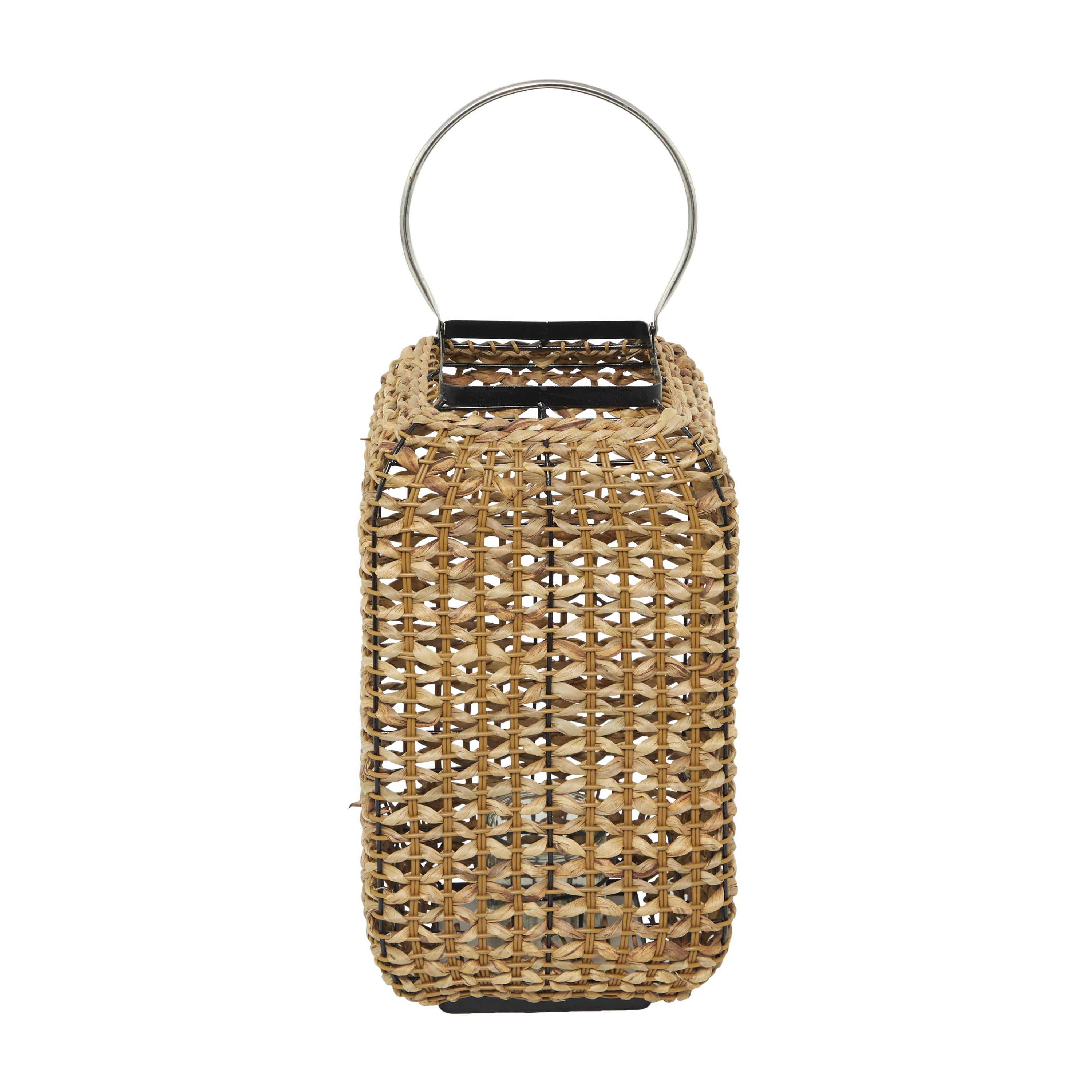 DecMode Brown Dried Plant Handmade Rattan Weaved Decorative Candle Lantern with Glass Holder and Handle