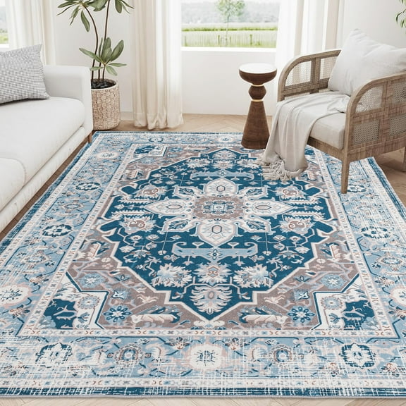 6x9 Area Rug Vintage Style, Blue Washable Non-slip For Living Room, Bedroom, Kitchen With Flower Pattern Look, Veranda