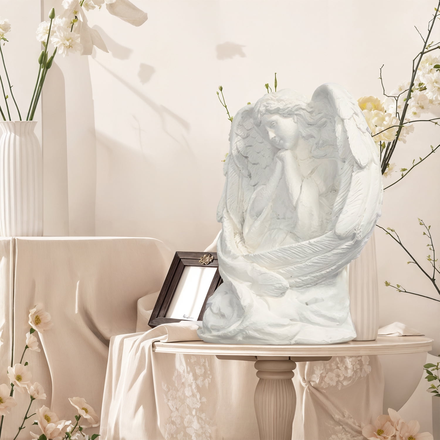 LENLN Resin Kneeling Girl Angel Statue, Girl Angel Figurine Sculpture, Angel Wings Statue for Home Decor or Garden Memorial Decor