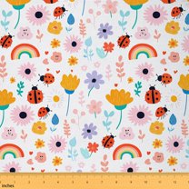 Homewish Spring Garden Flower Fabric by the Yard 1 Yard for Girl, Rainbow Sun Cloud Room Decor Fabric by the Yard, Cartoon Kawaii Ladybug Sewing Fabric, Breathable Home Decor