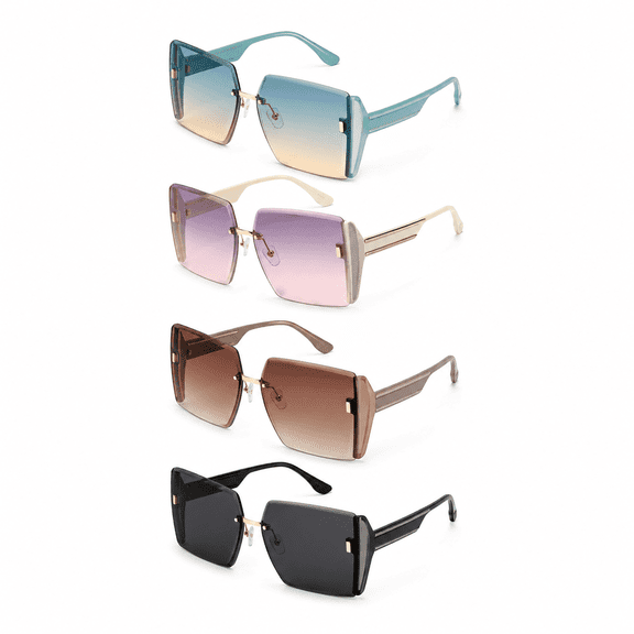 4 Pack Women's Oversized Sunglasses, Rimless Square Frame Gradient Lens Fashion Eyewear with UV400 Protection, Lightweight Stylish Sun Glasses for Driving Travel Beach Party