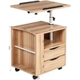 thumbnail image 3 of Multifunctional Bed Table, Overbed End Table with Height Adjustable Platform, Wooden Nightstand with Swivel Wheels, Storage Drawers and Open Shelf (Wooden), 3 of 8