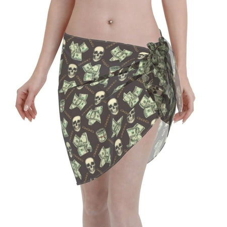 Adobk Women Beach Sarong Bathing Suit Skulls Gold Chains Dollar Print Wrap Skirt Sheer Bikini Swimsuit Cover Ups For Swimwear